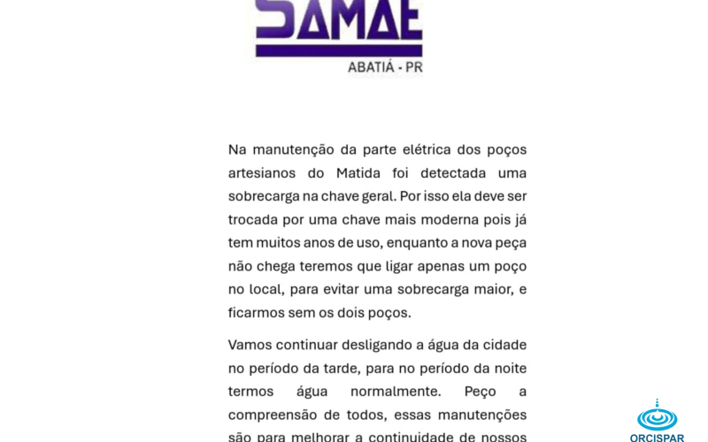 Comunicado sobre Interrupção Temporária no Abastecimento de Água - Abatiá