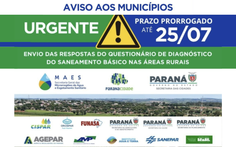 Prorrogação do prazo -  Questionário de Diagnóstico de Saneamento Básico nas áreas rurais
